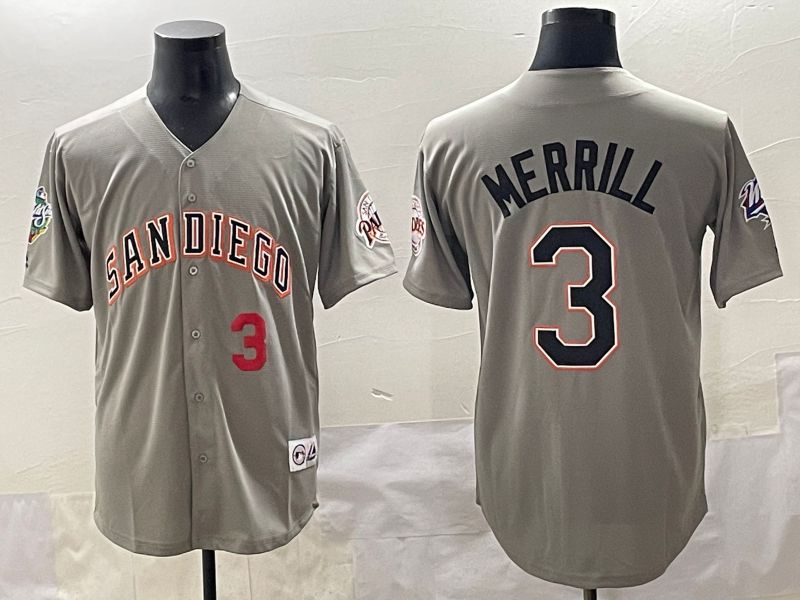 Men 2025 San Diego Padres 3 Merrill Grey Throwback Game Nike MLB Jersey style 3